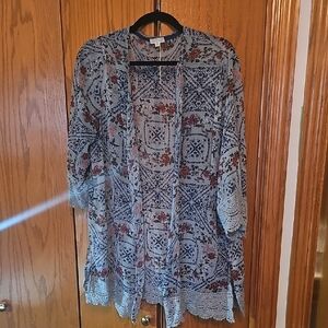 Light Blue Floral Lace-Trim Open-Front Kimono